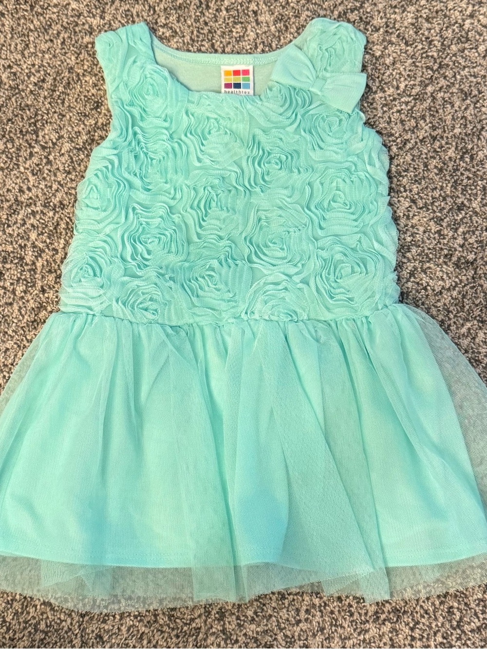Mint green baby girl sleeveless rosette tulle dress & bow accent | 18 months